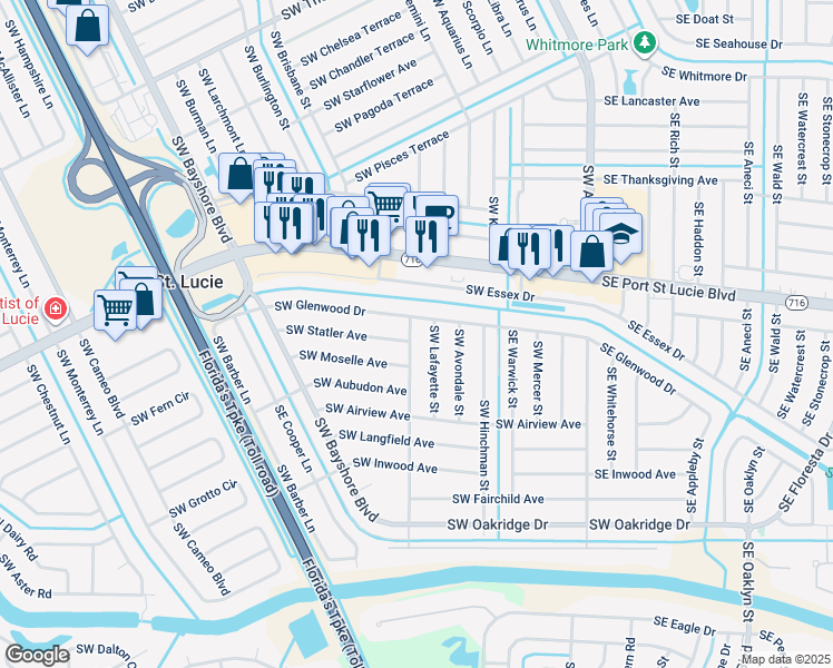 map of restaurants, bars, coffee shops, grocery stores, and more near 182 Southwest Glenwood Drive in Port St. Lucie
