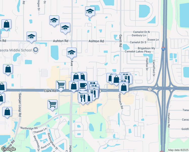 map of restaurants, bars, coffee shops, grocery stores, and more near 8006 Moonstone Drive in Sarasota