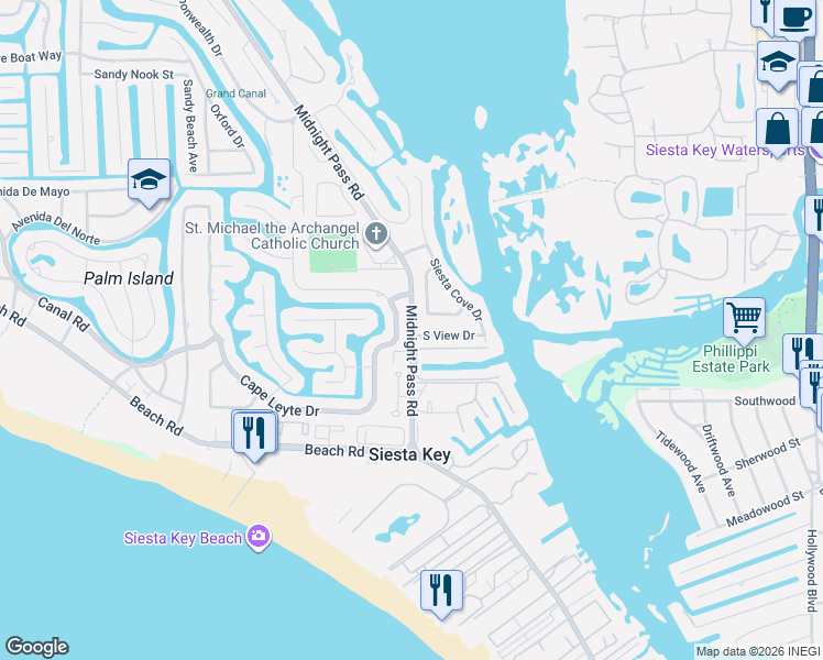map of restaurants, bars, coffee shops, grocery stores, and more near 5525 Shadow Lawn Drive in Siesta Key