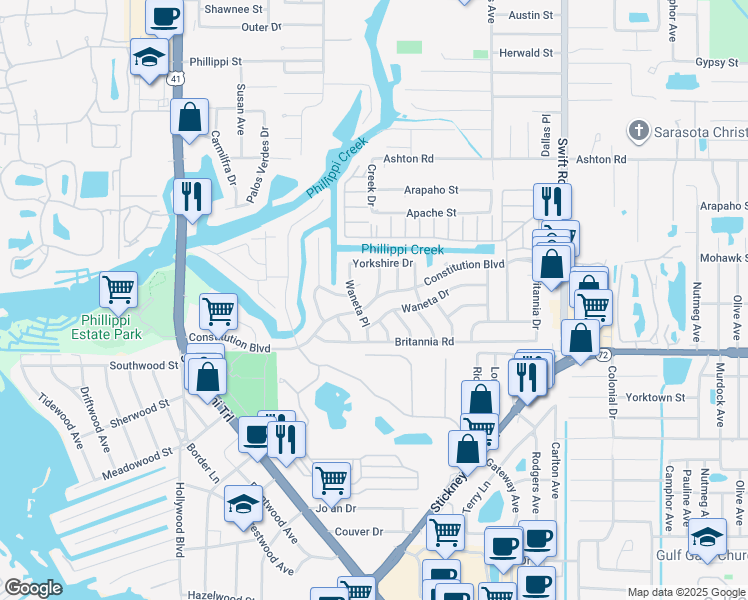 map of restaurants, bars, coffee shops, grocery stores, and more near 2415 Constitution Boulevard in Sarasota