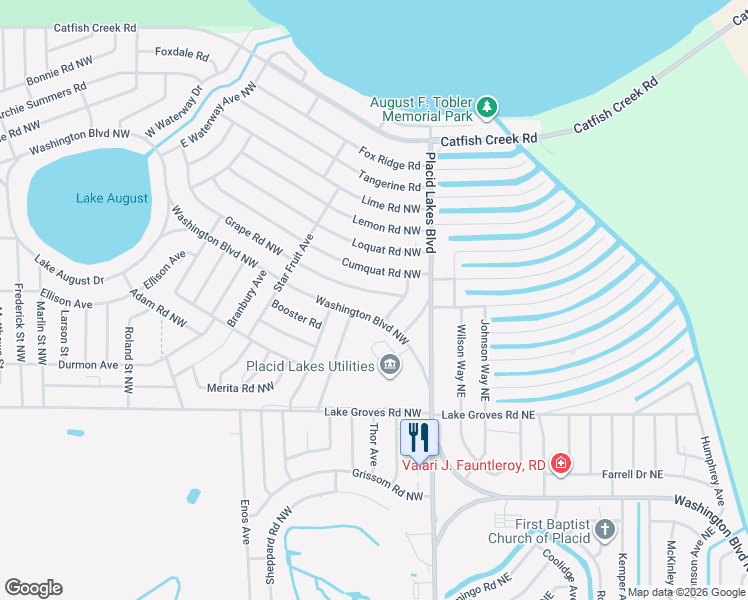 map of restaurants, bars, coffee shops, grocery stores, and more near 112 Grape Road Northwest in Lake Placid