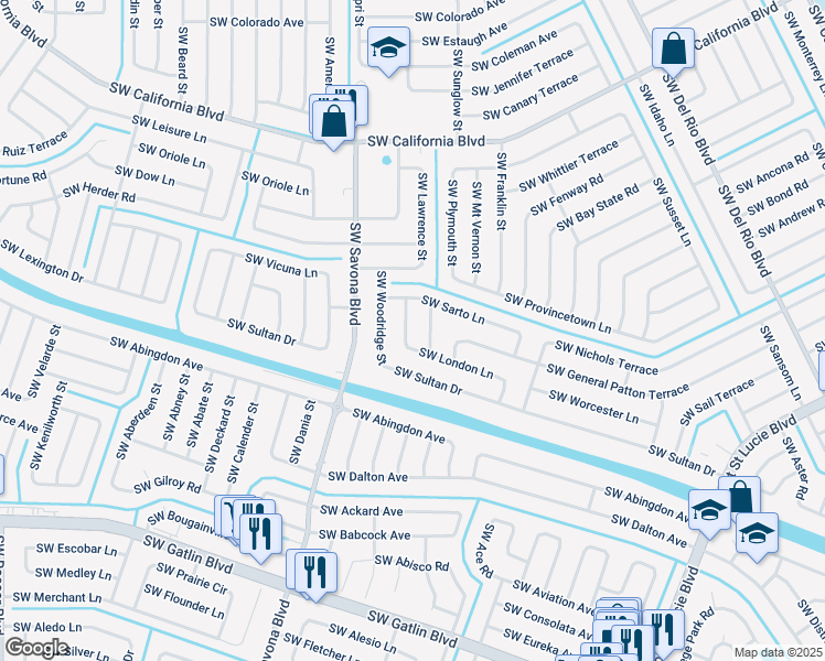 map of restaurants, bars, coffee shops, grocery stores, and more near 2365 Southwest Lejune Street in Port St. Lucie