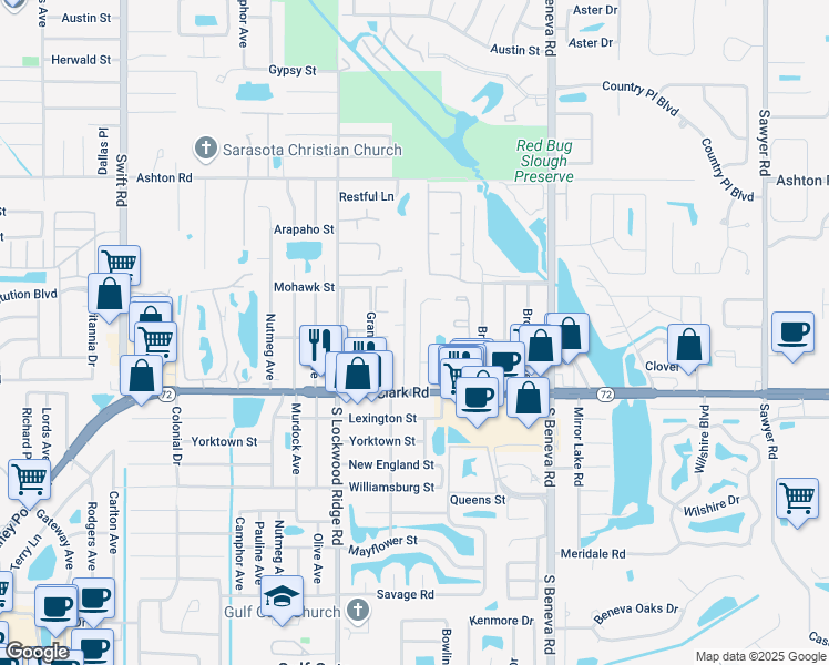 map of restaurants, bars, coffee shops, grocery stores, and more near 5641 Blount Avenue in Sarasota