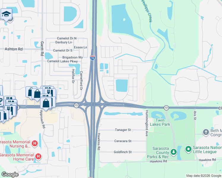 map of restaurants, bars, coffee shops, grocery stores, and more near Kingsbridge Drive in Sarasota
