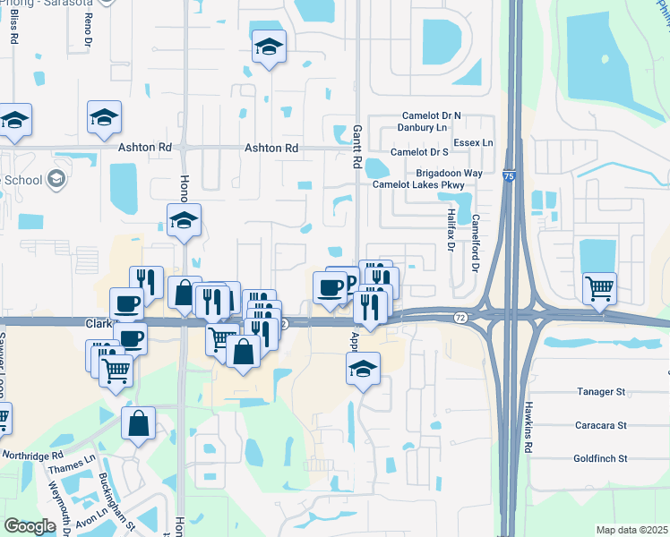map of restaurants, bars, coffee shops, grocery stores, and more near 5650 Gantt Road in Sarasota