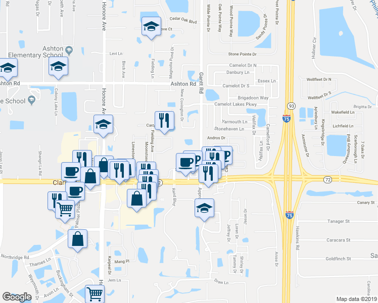 map of restaurants, bars, coffee shops, grocery stores, and more near 5650 Gantt Road in Sarasota