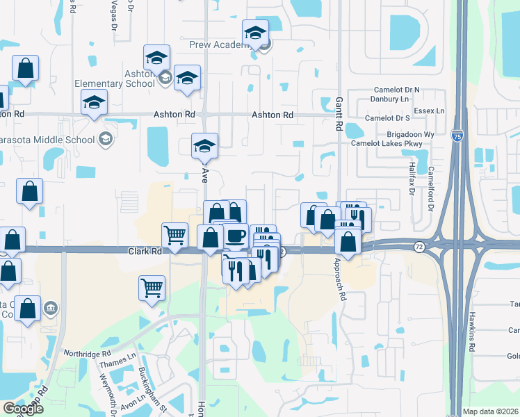 map of restaurants, bars, coffee shops, grocery stores, and more near 8006 Moonstone Drive in Sarasota