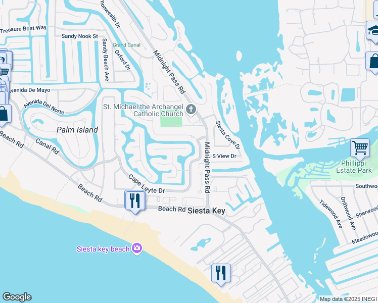 map of restaurants, bars, coffee shops, grocery stores, and more near 1038 Contento Street in Siesta Key