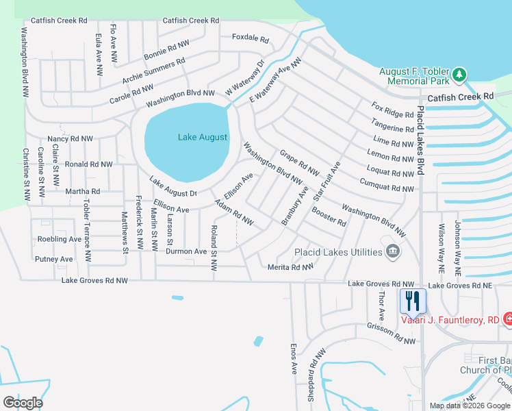 map of restaurants, bars, coffee shops, grocery stores, and more near 543 Cape Road Northwest in Lake Placid