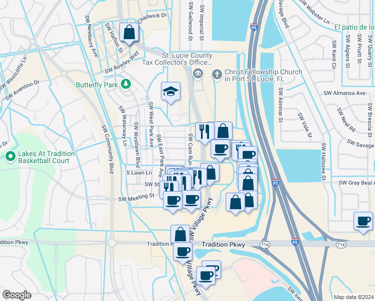 map of restaurants, bars, coffee shops, grocery stores, and more near 10611 Southwest Cam Run in Port St. Lucie
