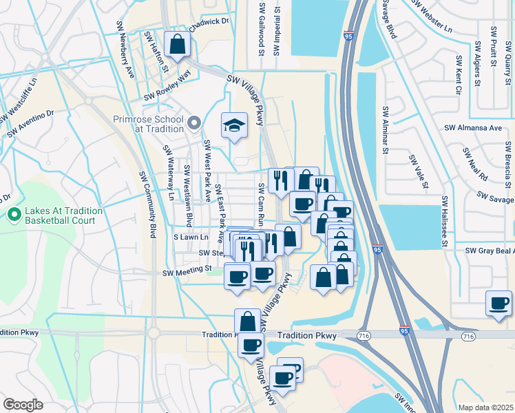 map of restaurants, bars, coffee shops, grocery stores, and more near 10611 Southwest Cam Run in Port St. Lucie