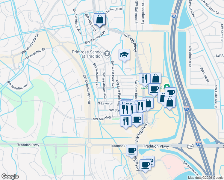 map of restaurants, bars, coffee shops, grocery stores, and more near 10611 Southwest West Park Avenue in Port St. Lucie