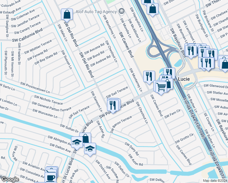 map of restaurants, bars, coffee shops, grocery stores, and more near 649 Southwest Sail Terrace in Port St. Lucie