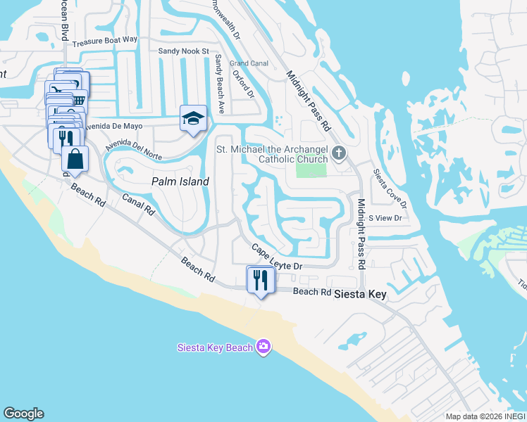 map of restaurants, bars, coffee shops, grocery stores, and more near 5440 Azure Way in Siesta Key