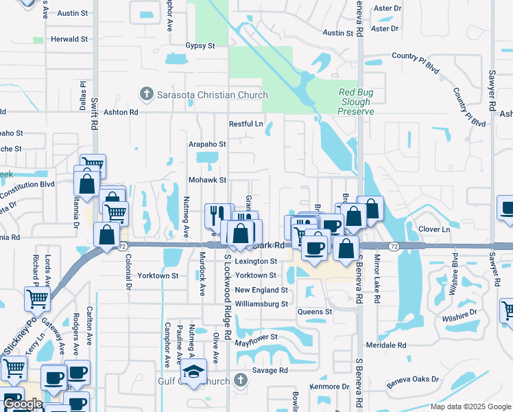 map of restaurants, bars, coffee shops, grocery stores, and more near 5679 Summerside Lane in Sarasota