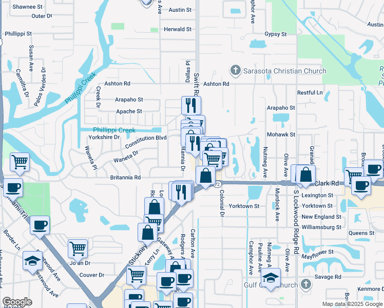 map of restaurants, bars, coffee shops, grocery stores, and more near 5709 Britannia Drive in Sarasota