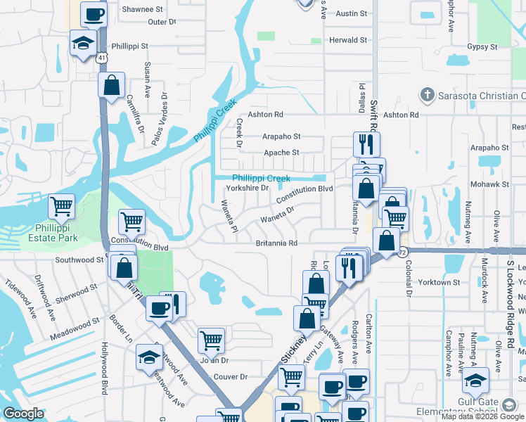 map of restaurants, bars, coffee shops, grocery stores, and more near 2456 Constitution Boulevard in Sarasota