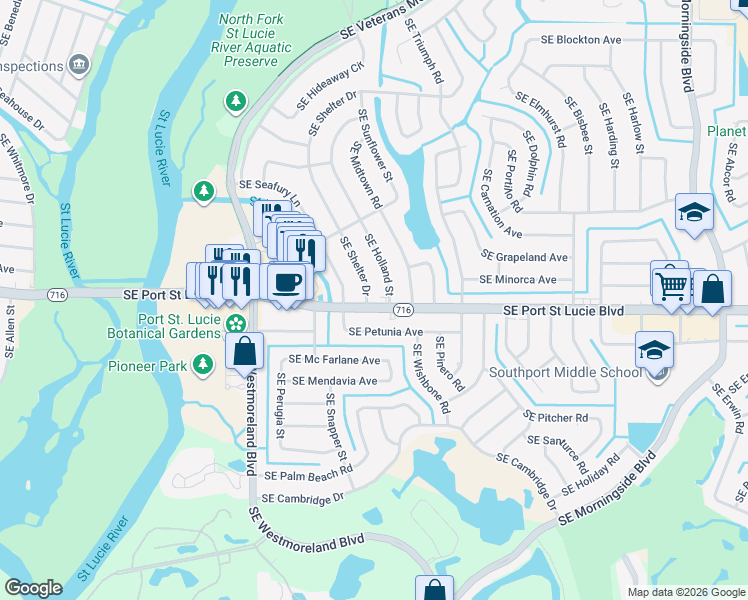 map of restaurants, bars, coffee shops, grocery stores, and more near 1265 Southeast Port Saint Lucie Boulevard in Port St. Lucie