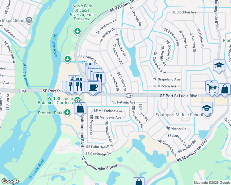 map of restaurants, bars, coffee shops, grocery stores, and more near 1265 Southeast Port Saint Lucie Boulevard in Port St. Lucie