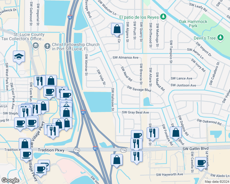 map of restaurants, bars, coffee shops, grocery stores, and more near 2417 Southwest Halissee Street in Port St. Lucie