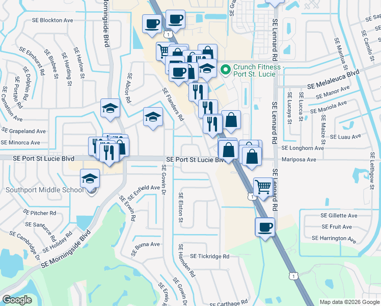 map of restaurants, bars, coffee shops, grocery stores, and more near 1945 Southeast Port Saint Lucie Boulevard in Port St. Lucie