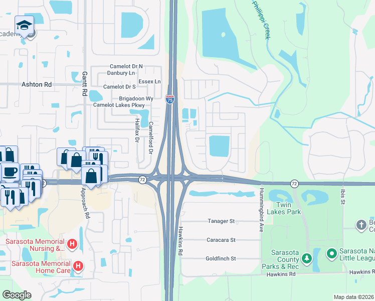 map of restaurants, bars, coffee shops, grocery stores, and more near 5700 Axminster Drive in Sarasota