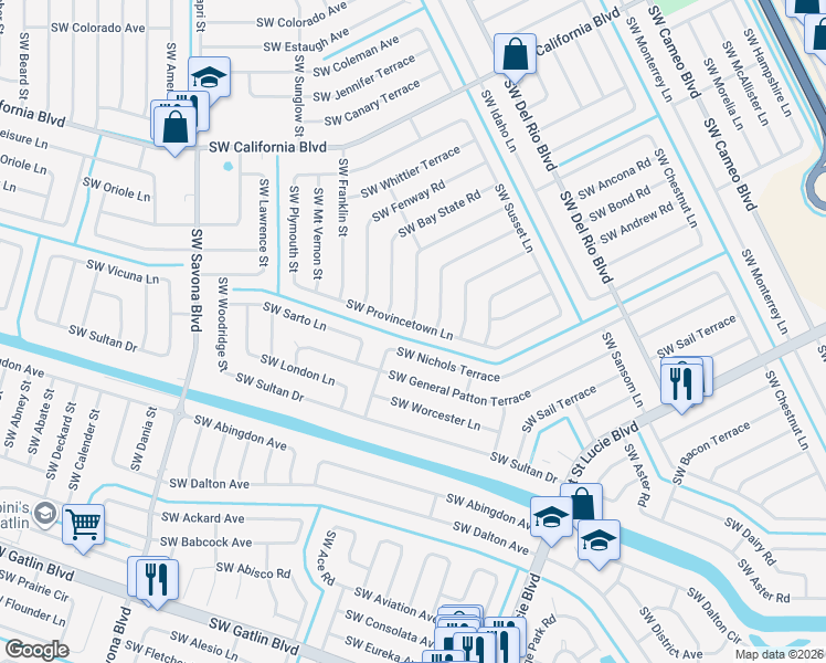 map of restaurants, bars, coffee shops, grocery stores, and more near 968 Southwest Provincetown Lane in Port St. Lucie