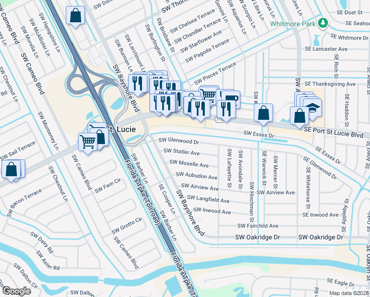 map of restaurants, bars, coffee shops, grocery stores, and more near 267 Southwest Statler Avenue in Port St. Lucie