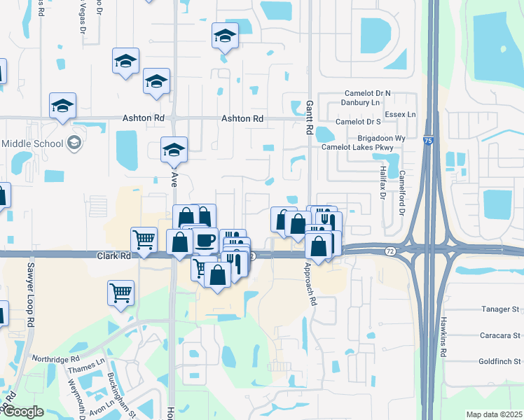 map of restaurants, bars, coffee shops, grocery stores, and more near 5581 Rosehill Road in Sarasota