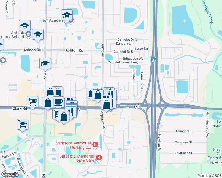 map of restaurants, bars, coffee shops, grocery stores, and more near 315 Andros Drive in Sarasota