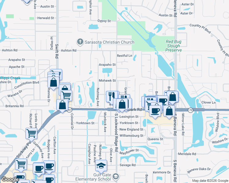 map of restaurants, bars, coffee shops, grocery stores, and more near 5672 South Lockwood Ridge Road in Sarasota
