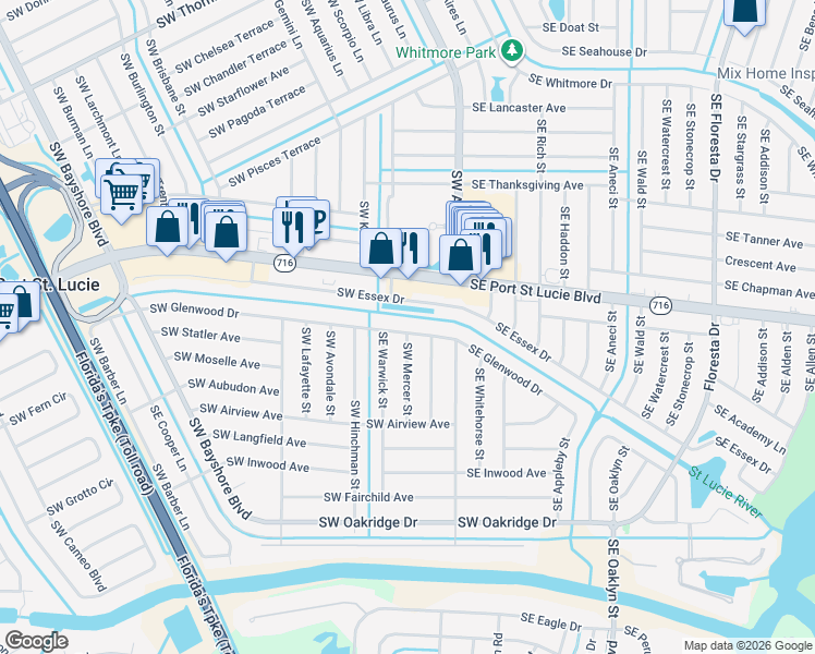 map of restaurants, bars, coffee shops, grocery stores, and more near 121 Southwest Glenwood Drive in Port St. Lucie
