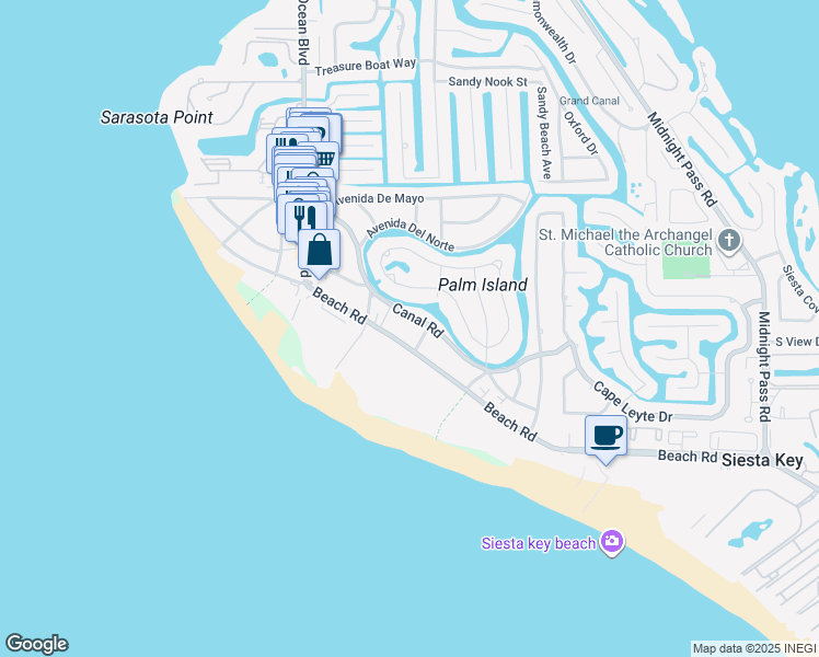 map of restaurants, bars, coffee shops, grocery stores, and more near 456 Canal Road in Siesta Key