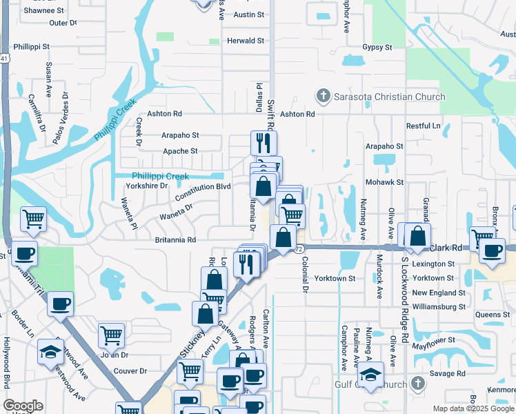 map of restaurants, bars, coffee shops, grocery stores, and more near 5709 Britannia Drive in Sarasota