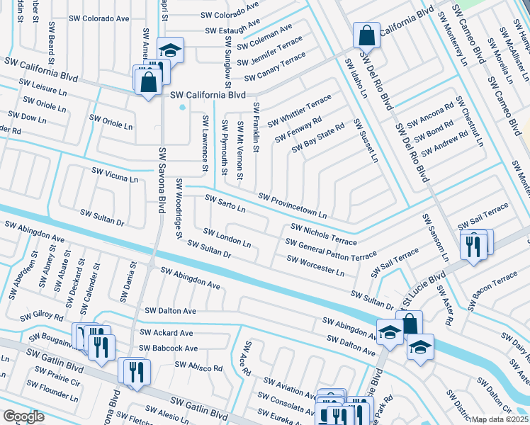 map of restaurants, bars, coffee shops, grocery stores, and more near 1013 Southwest Sarto Lane in Port St. Lucie
