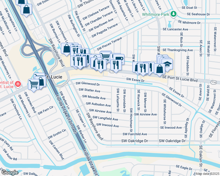 map of restaurants, bars, coffee shops, grocery stores, and more near 182 Southwest Glenwood Drive in Port St. Lucie
