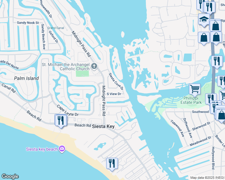map of restaurants, bars, coffee shops, grocery stores, and more near 5349 Siesta Court in Siesta Key