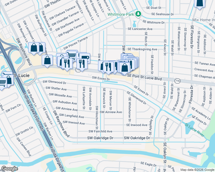 map of restaurants, bars, coffee shops, grocery stores, and more near 121 Southwest Glenwood Drive in Port St. Lucie