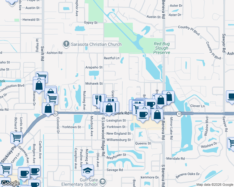 map of restaurants, bars, coffee shops, grocery stores, and more near 5679 Summerside Lane in Sarasota
