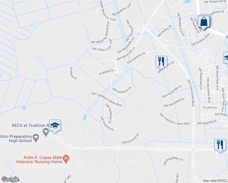 map of restaurants, bars, coffee shops, grocery stores, and more near 12057 Southwest Aventino Drive in Port St. Lucie