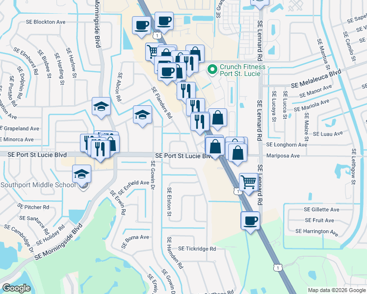 map of restaurants, bars, coffee shops, grocery stores, and more near 1945 Southeast Port Saint Lucie Boulevard in Port St. Lucie