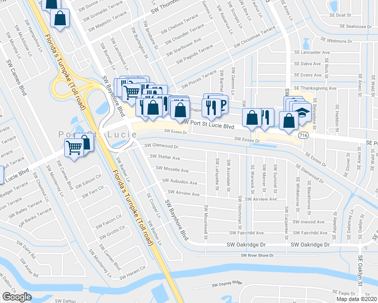 map of restaurants, bars, coffee shops, grocery stores, and more near 206 Southwest Glenwood Drive in Port Saint Lucie
