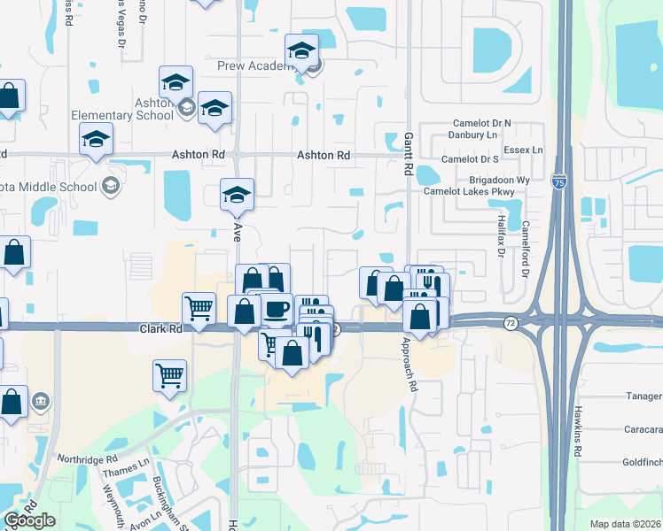 map of restaurants, bars, coffee shops, grocery stores, and more near 5581 Rosehill Road in Sarasota