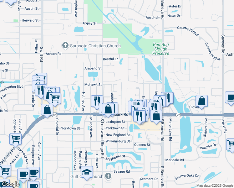 map of restaurants, bars, coffee shops, grocery stores, and more near 5679 Summerside Lane in Sarasota
