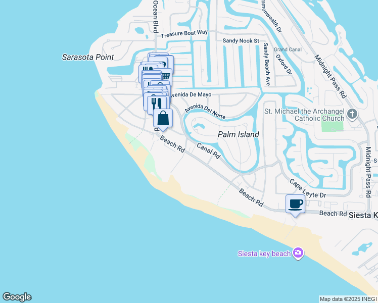 map of restaurants, bars, coffee shops, grocery stores, and more near 411 Beach Road in Siesta Key