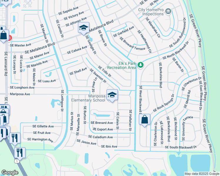 map of restaurants, bars, coffee shops, grocery stores, and more near 2382 Southeast Seamist Street in Port St. Lucie