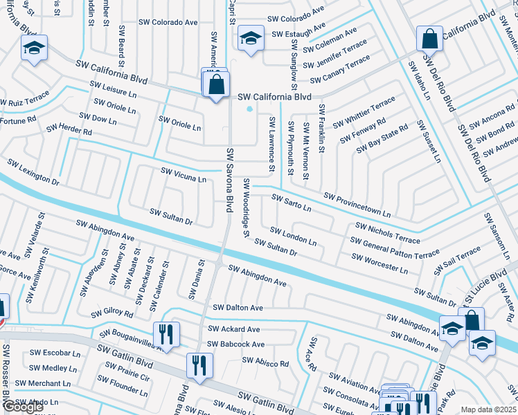 map of restaurants, bars, coffee shops, grocery stores, and more near 2365 Southwest Lejune Street in Port St. Lucie