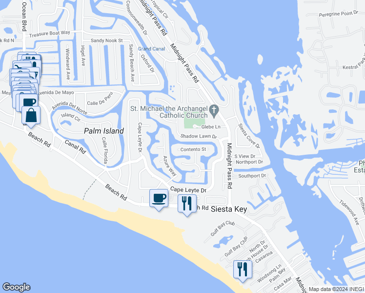 map of restaurants, bars, coffee shops, grocery stores, and more near 927 Contento Street in Sarasota