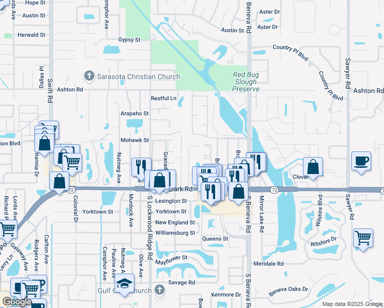 map of restaurants, bars, coffee shops, grocery stores, and more near 5641 Blount Avenue in Sarasota