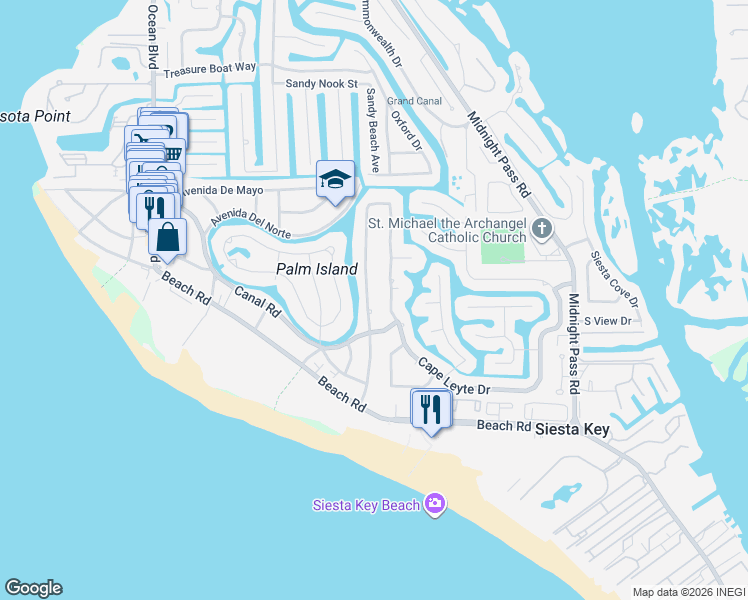 map of restaurants, bars, coffee shops, grocery stores, and more near 5440 Avenida Del Mare in Siesta Key